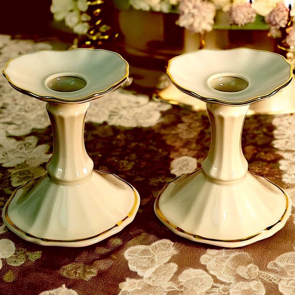 Set-2 Lenox Symphony Candle Holders Ivory China w/Gold Trim 1980's Made in USA
